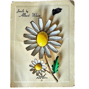 Vintage Albert Weiss Yellow & White Daisy Enamel Gold Tone Brooch Pin 3 Inches F